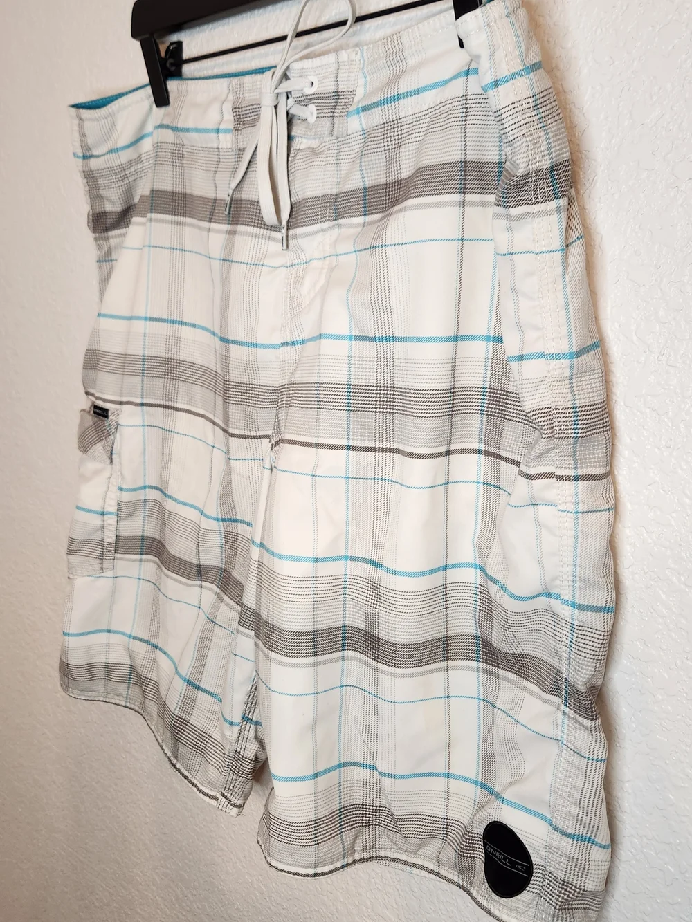 O'neill plaid board shorts men size 36 gray white turquoise swin trunks